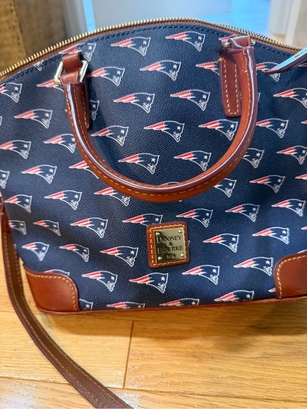 Dooney & Bourke Navy with Brown Trim New England Patriots Dome Satchel